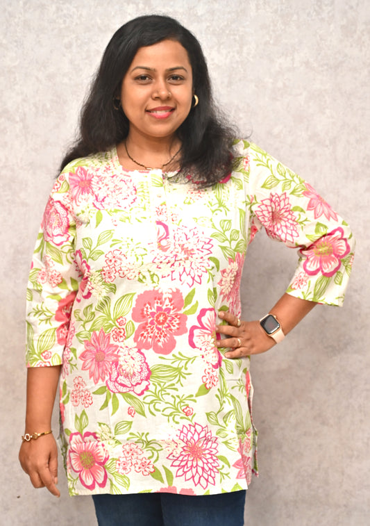 Off White Floral Print Cotton Short Kurti