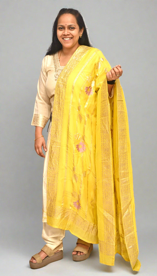 Off White Silk Full Suit With Banarasi Dupatta