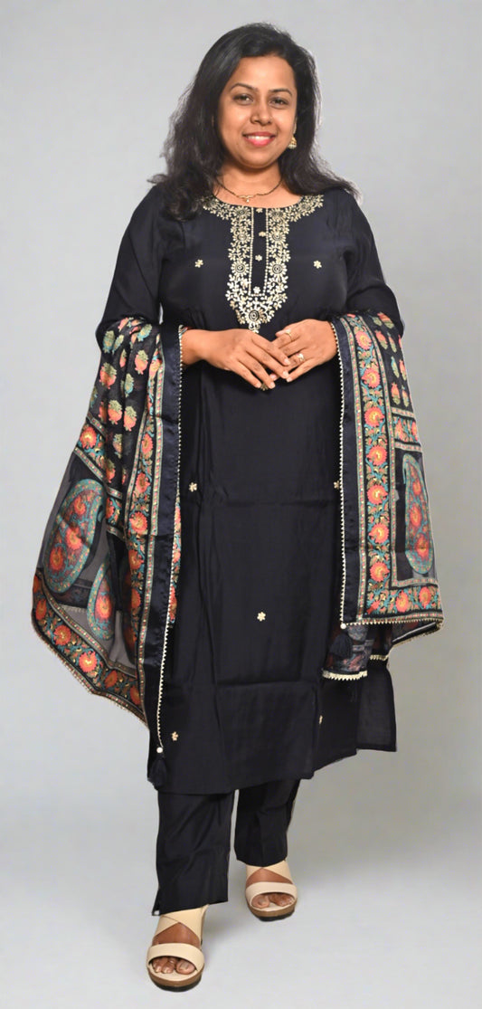 Blackish Blue Muslin Silk Full Suit