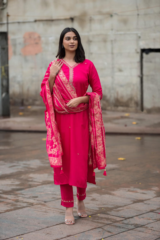 Beautiful Pink/Orange Silk Full Suit With Brocade Dupatta