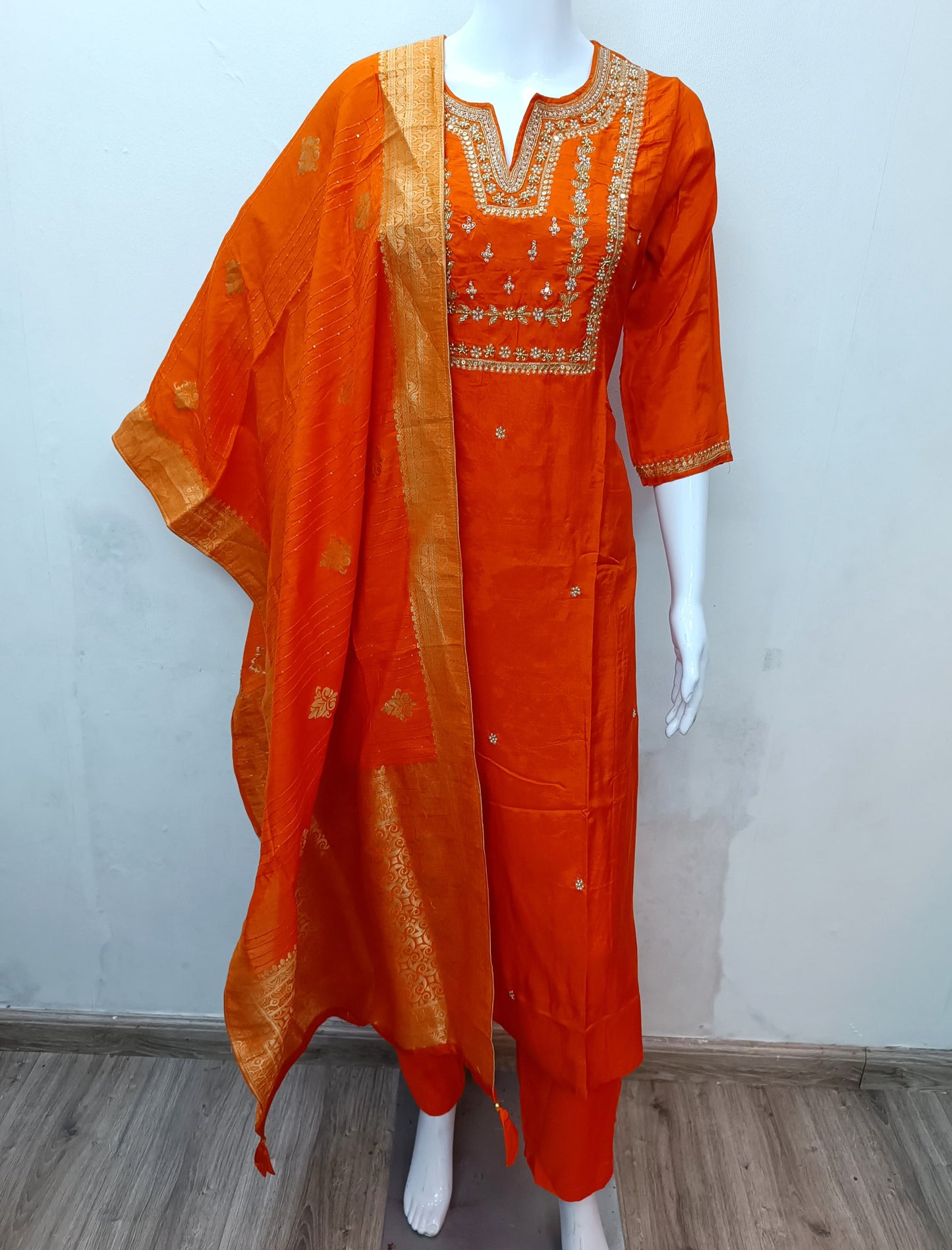 Beautiful Orange/Red Silk Full Suit With Brocade Dupatta