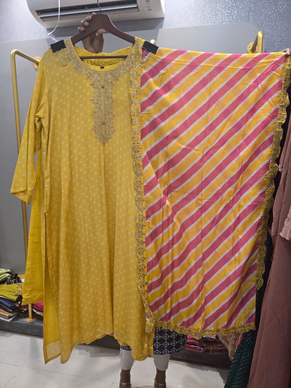 Yellow Bandhani Print Muslin Silk Full Suit