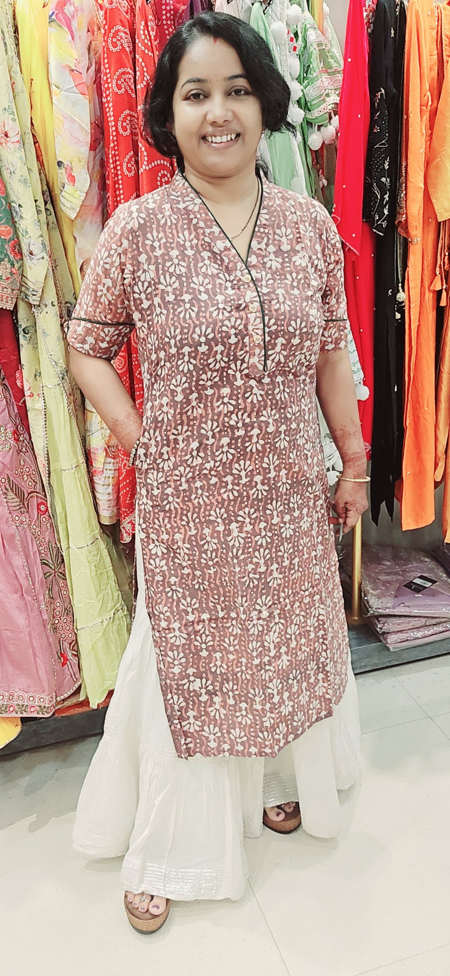 Brown Cotton Block Print Straight Kurti