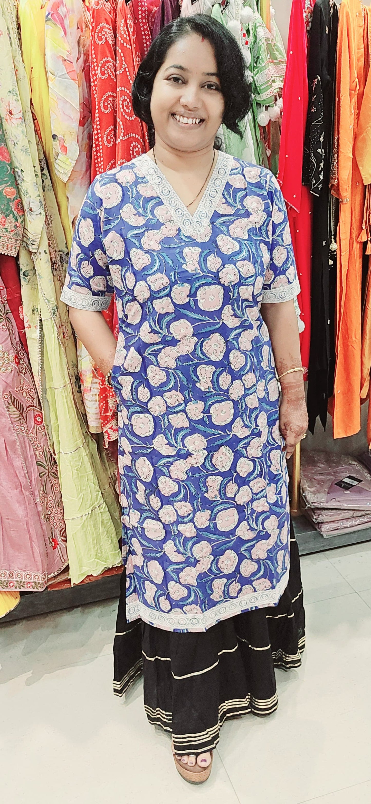 Dark Blue Cotton Lace Rapid Print Straight Kurti