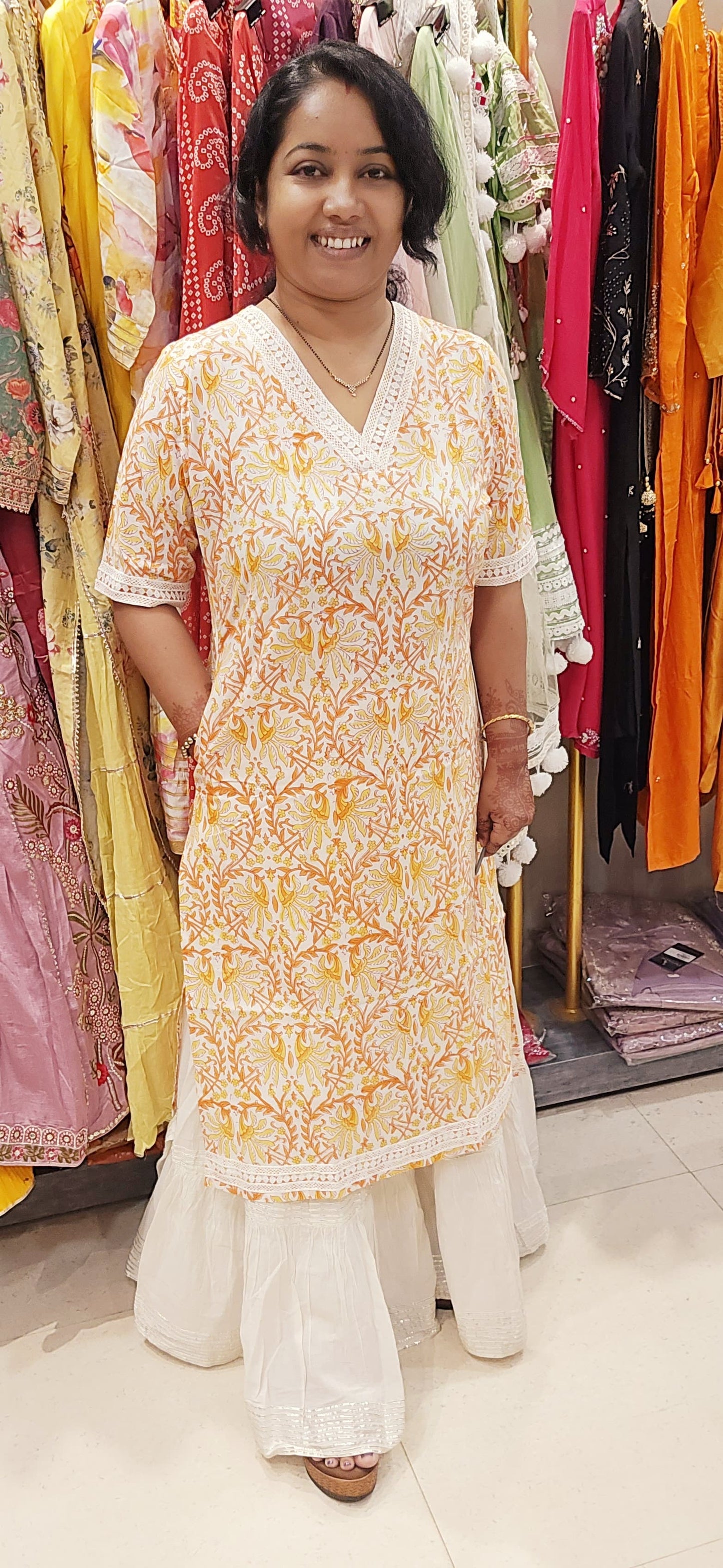 Multi Colour Cotton Lace Rapid Print Straight Kurti