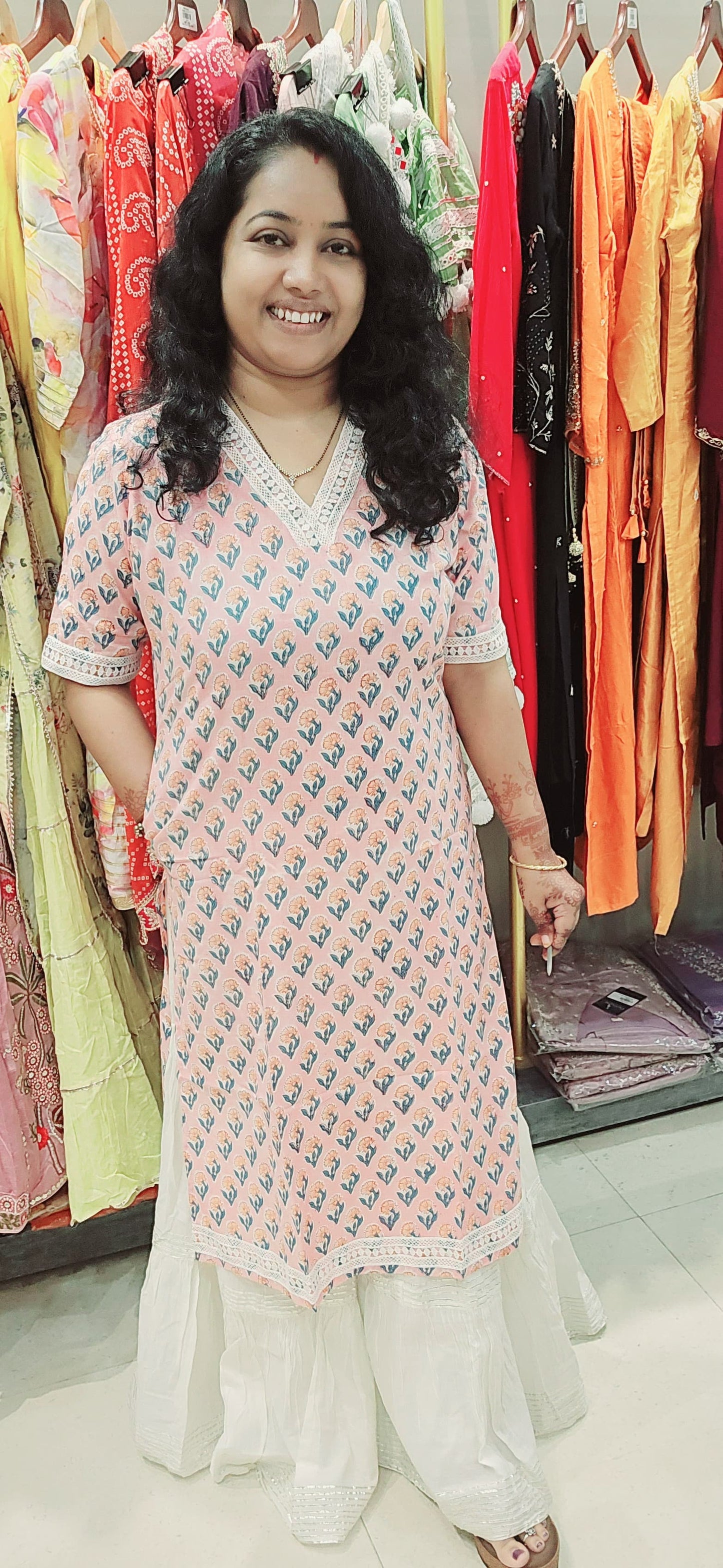Pink Cotton Lace Rapid Print Straight Kurti