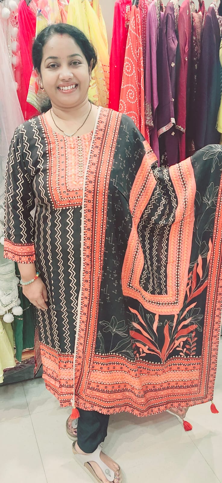 Black Orange Pure Muslin Silk Full Suit With Dupatta