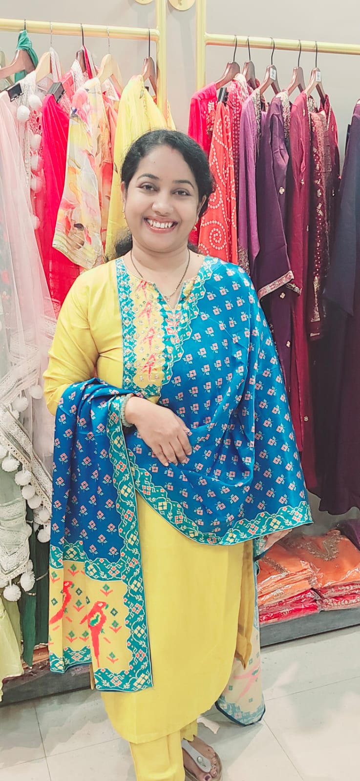 Yellow Silk Full Suit With Blue Dupatta
