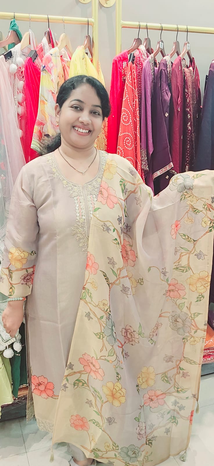 Beige Tissue Silk Full Suit With Dupatta