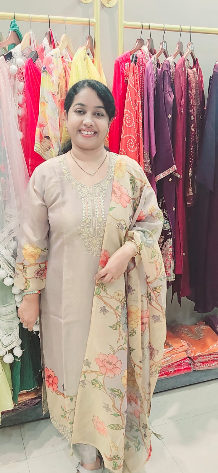 Beige Tissue Silk Full Suit With Dupatta
