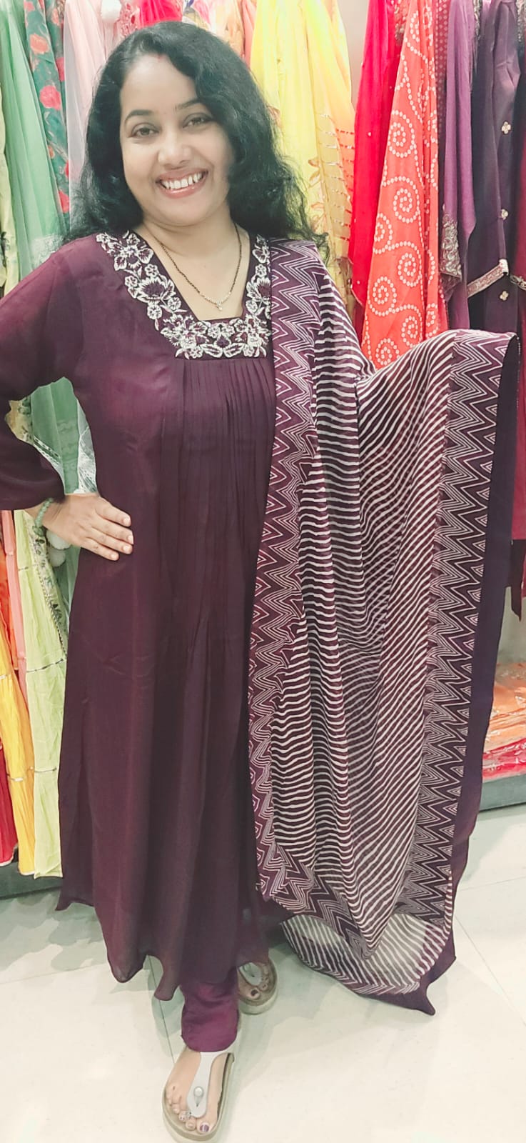 Purple Chinnon Full Suit With Dupatta