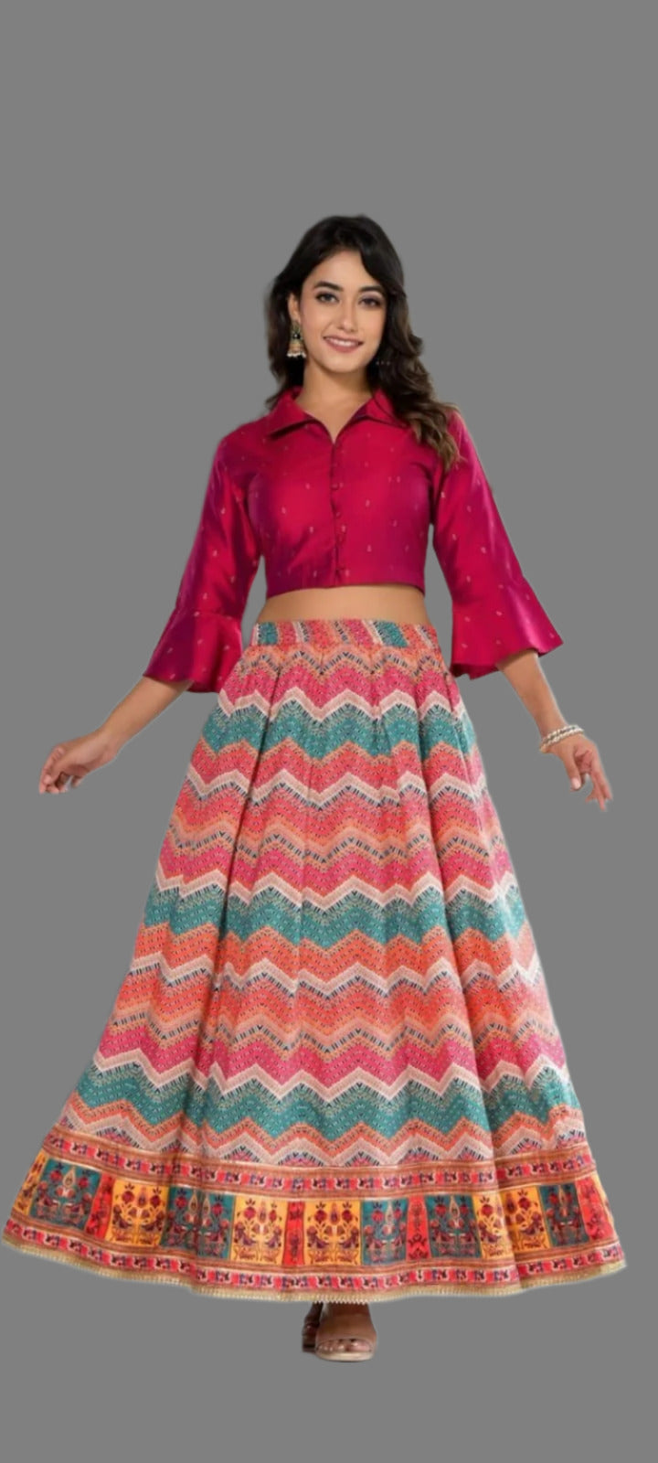 Muslin Multi Colour Skirt and Pink Crop Top