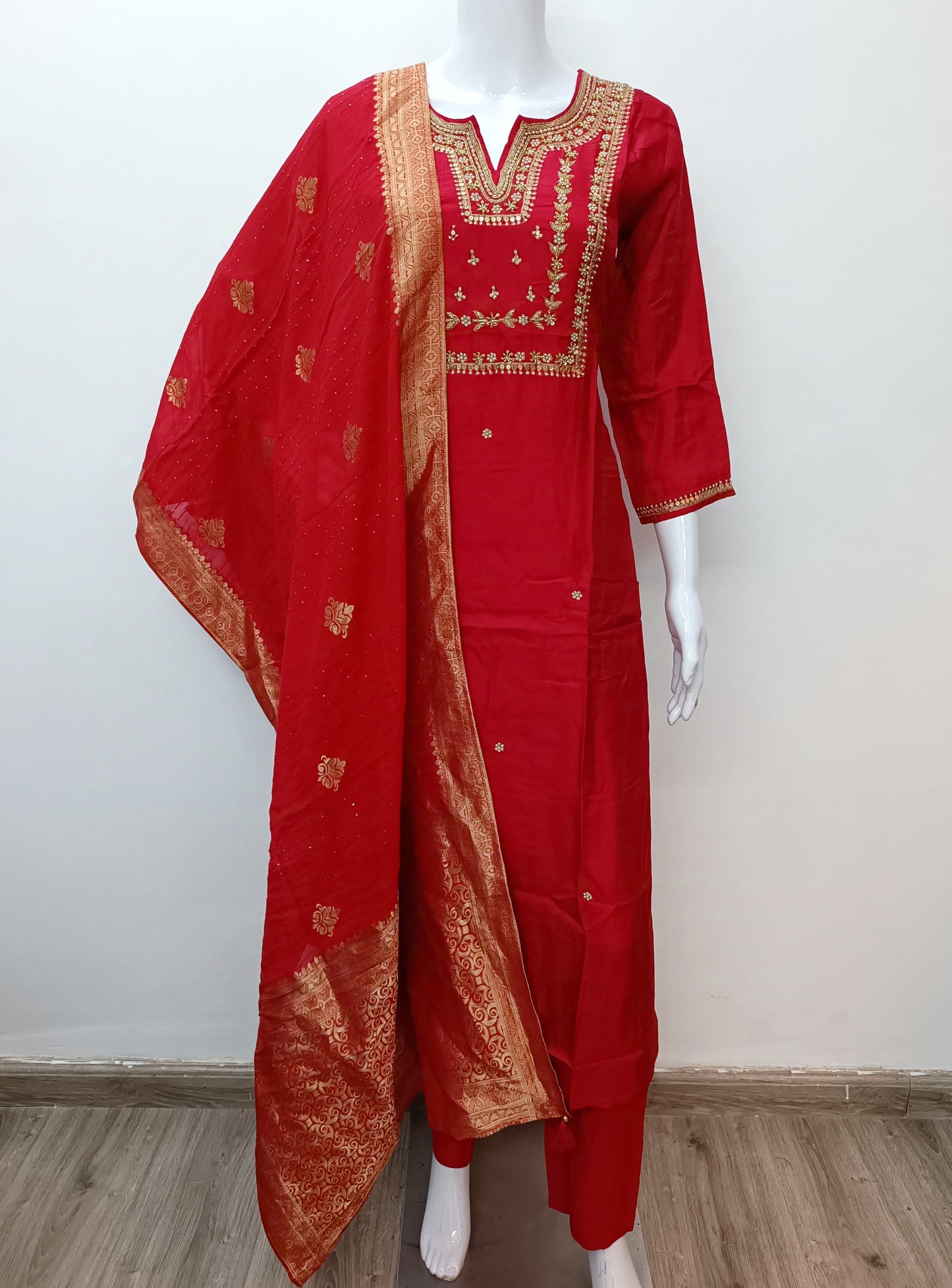 Beautiful Orange/Red Silk Full Suit With Brocade Dupatta