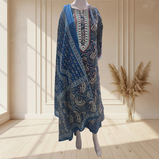 Navy cotton kurti with maroon, cream and green paisley print and printed sleeve borders