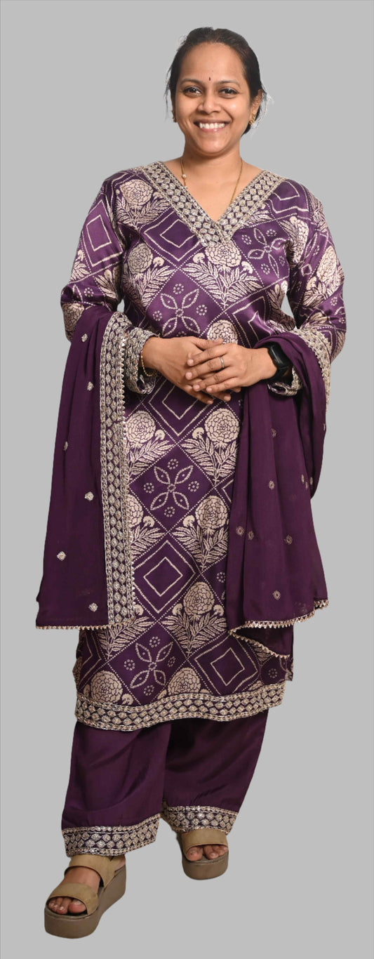 Purple Silk Bandhani Print Full Suit