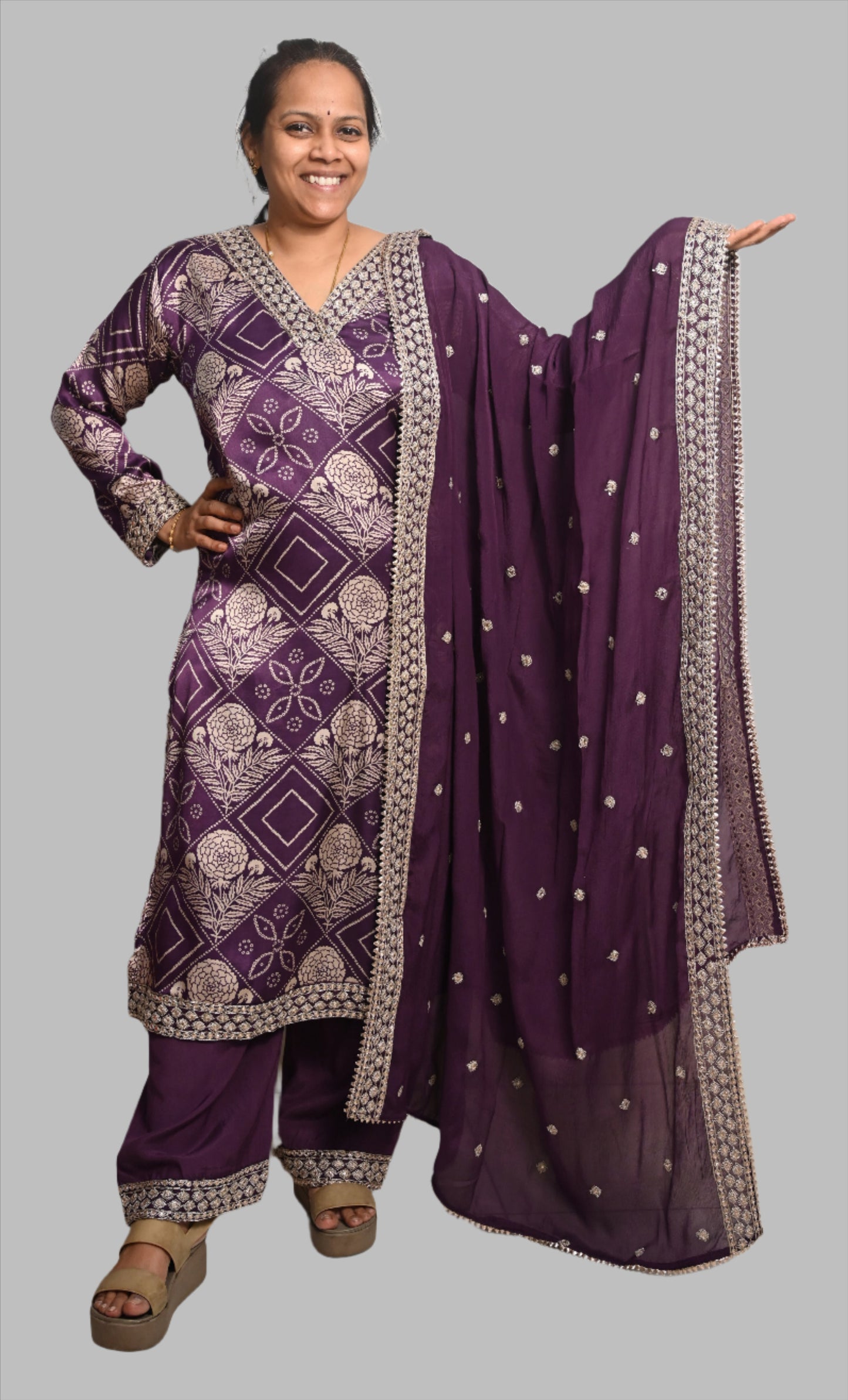 Purple Silk Bandhani Print Full Suit