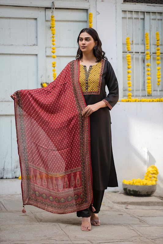 Yellow/ Black Gajji Silk Full Suit