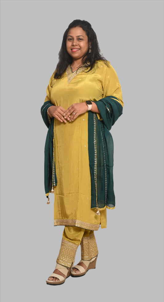 Mehendi Green Muslin Silk Full Suit