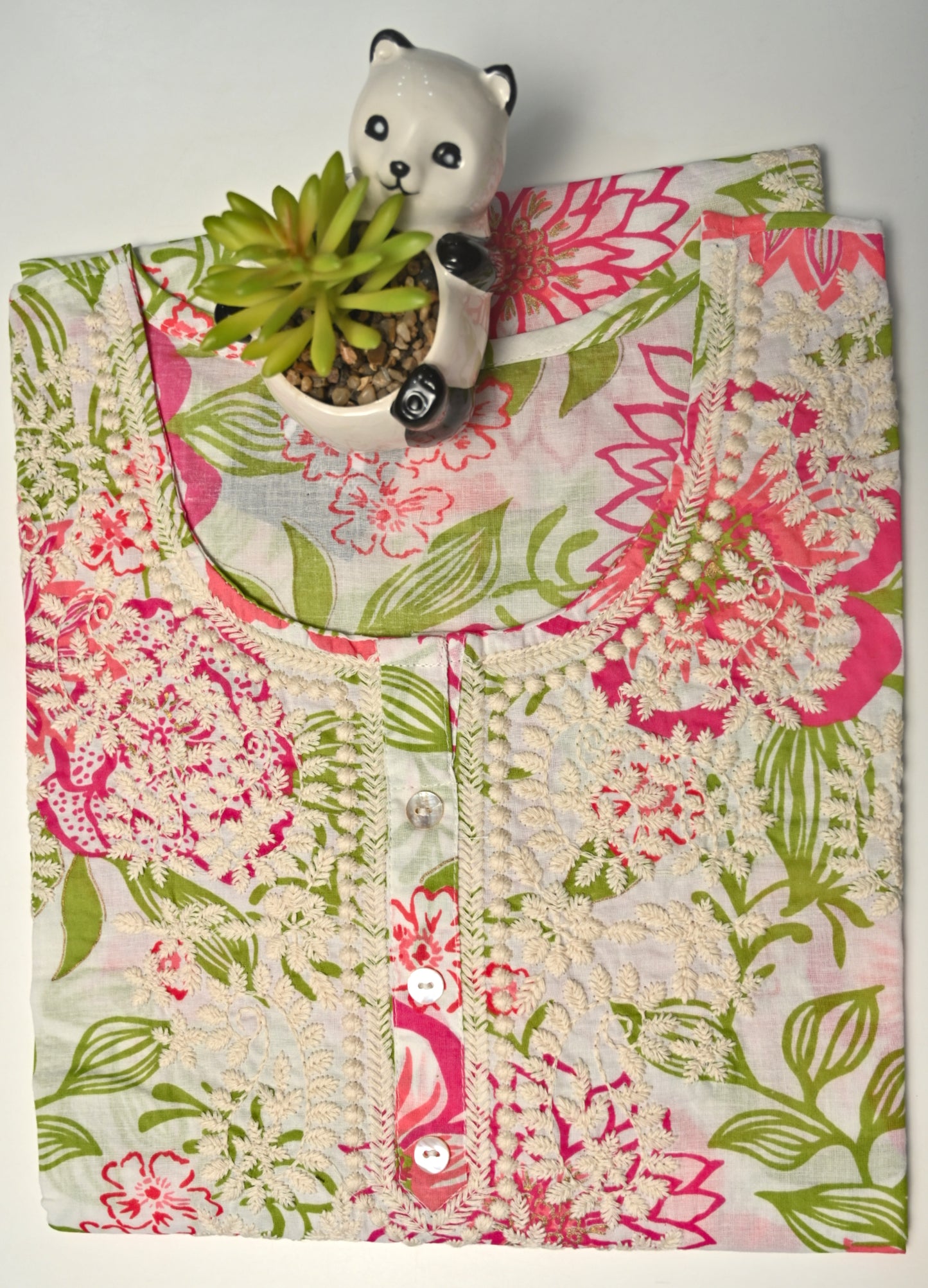 Off White Floral Print Cotton Short Kurti