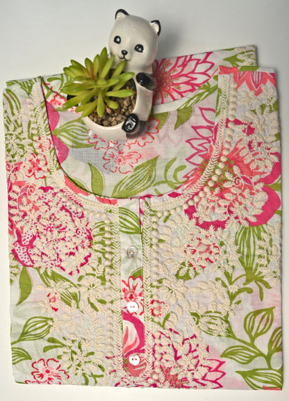 Off White Floral Print Cotton Short Kurti