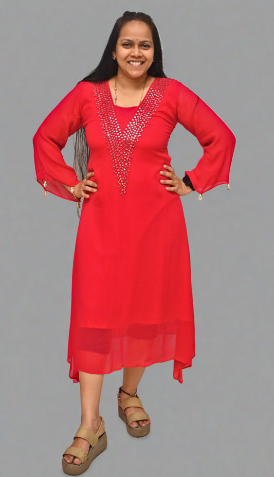 Red Georgette Mirror Work Kurti