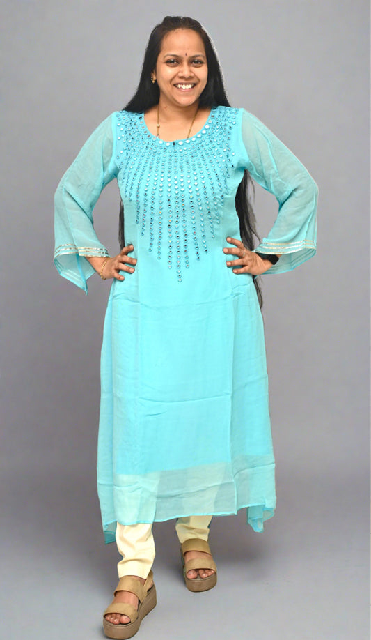 Blue Georgette Mirror Work Kurti