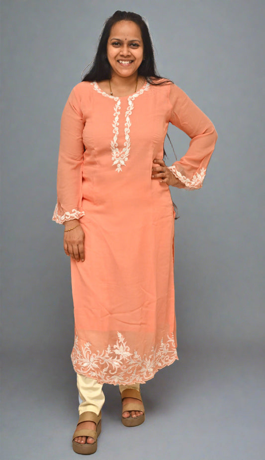 Peach Georgette Thread Work Kurti