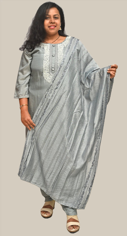 Grey Muslin Silk Full Suit With Pearl Work