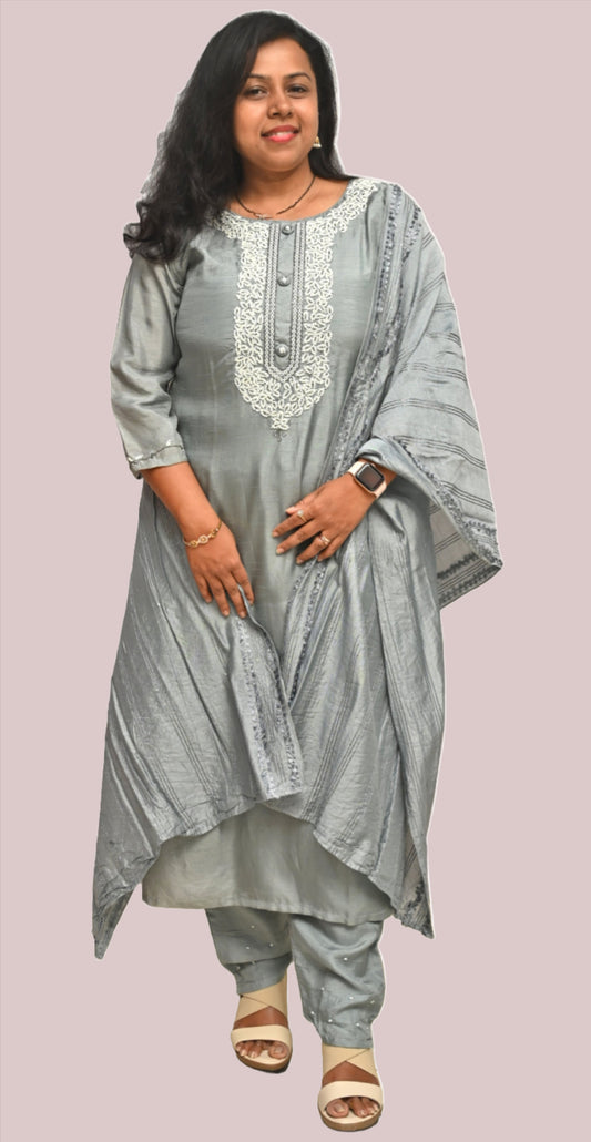 Grey Muslin Silk Full Suit With Pearl Work