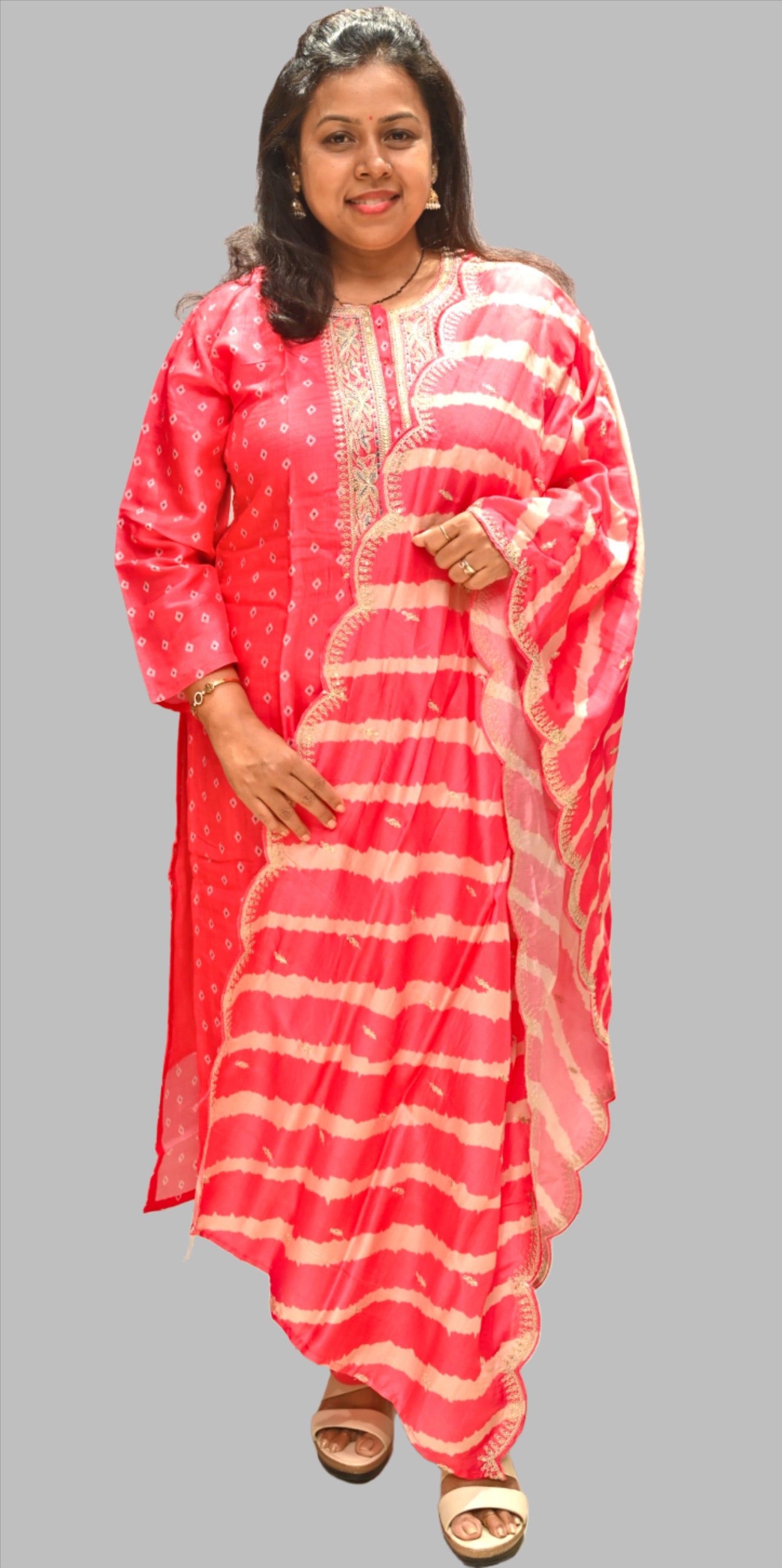 Magenta Pink Bandhani Print Silk Full Suit