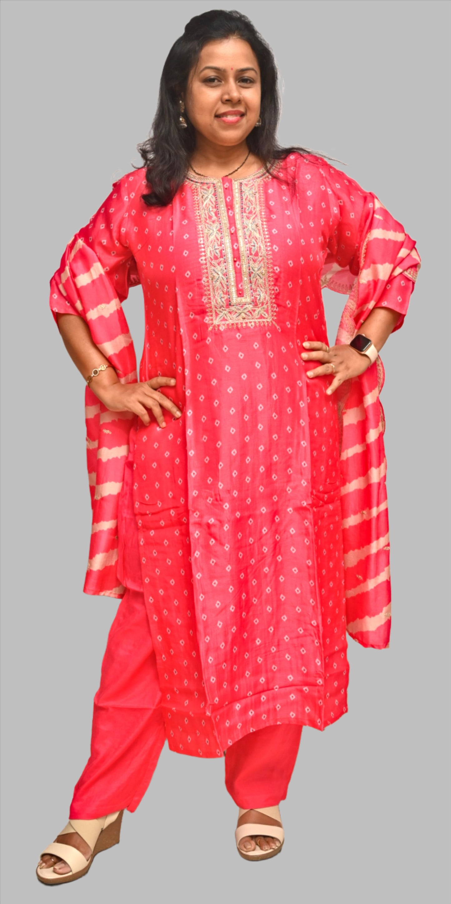 Magenta Pink Bandhani Print Silk Full Suit