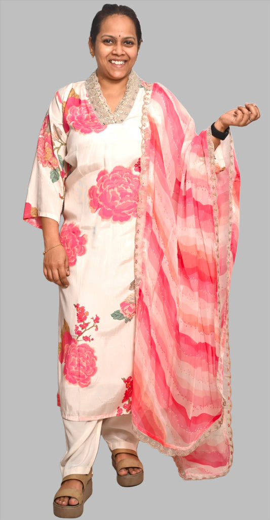 White & Pink Muslin Silk Full Suit