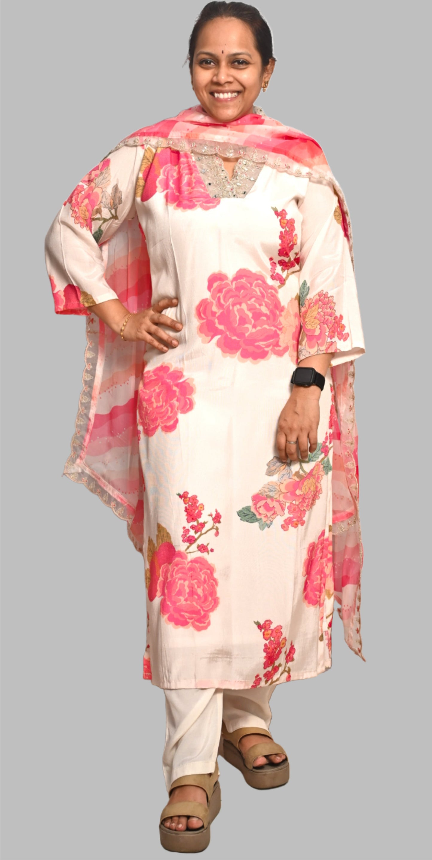 White & Pink Muslin Silk Full Suit