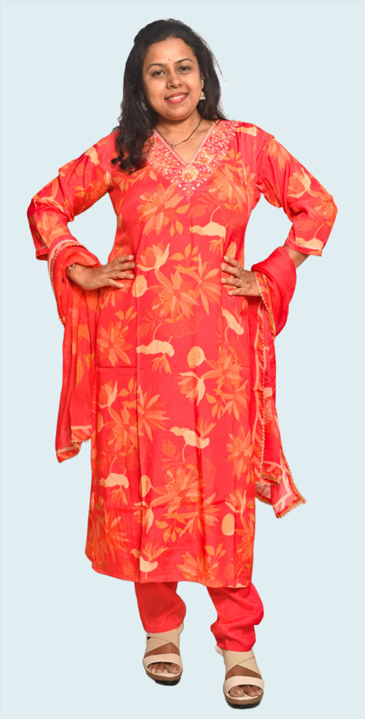 Orangish Red Muslin Silk Full Suit