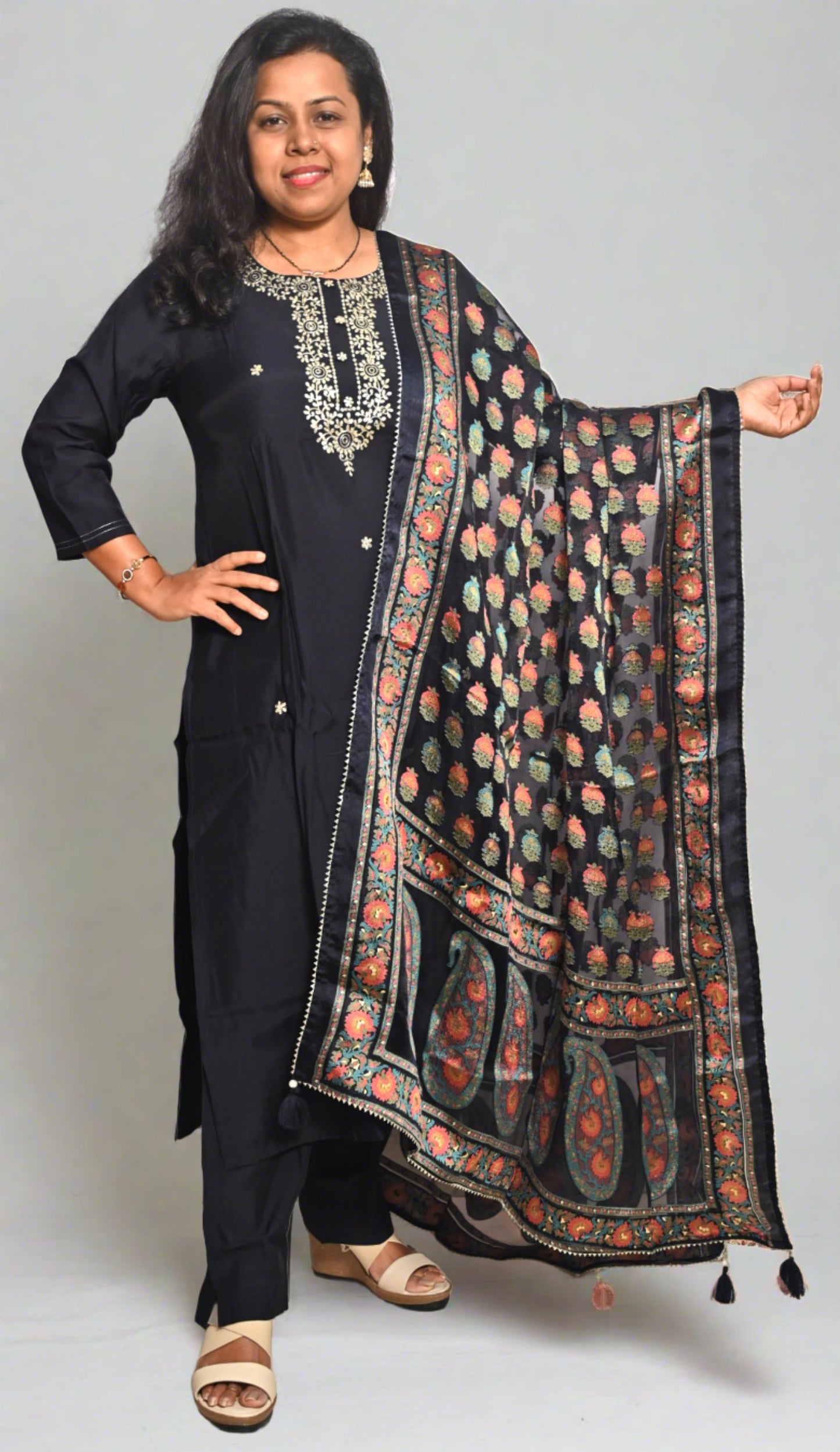 Blackish Blue Muslin Silk Full Suit With Organza Dupatta