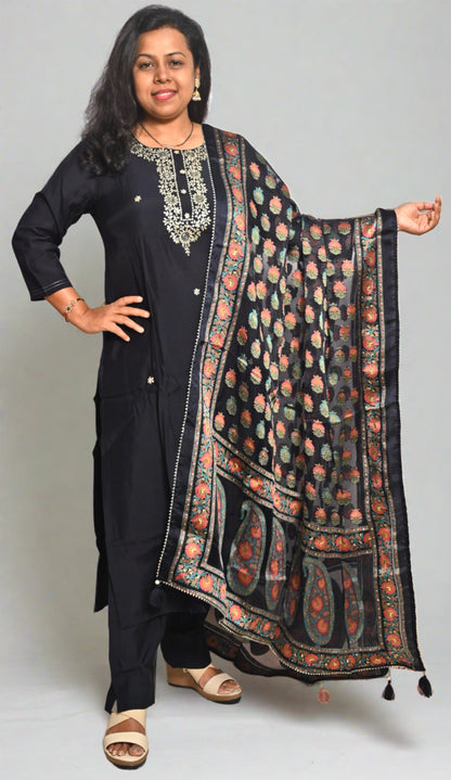 Blackish Blue Muslin Silk Full Suit With Organza Dupatta