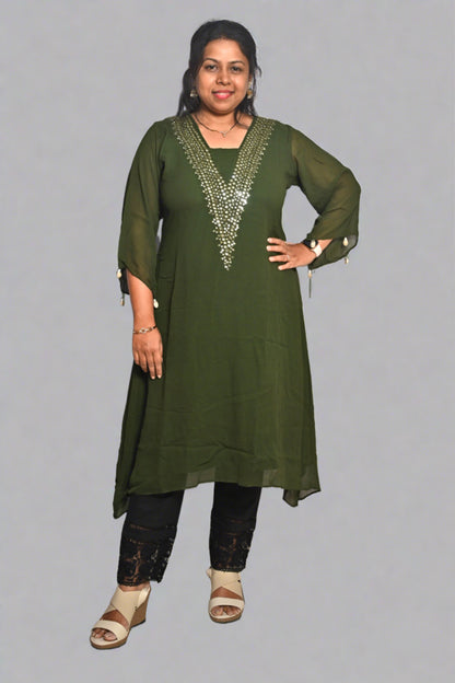 Olive Green Georgette Mirror Work Kurti