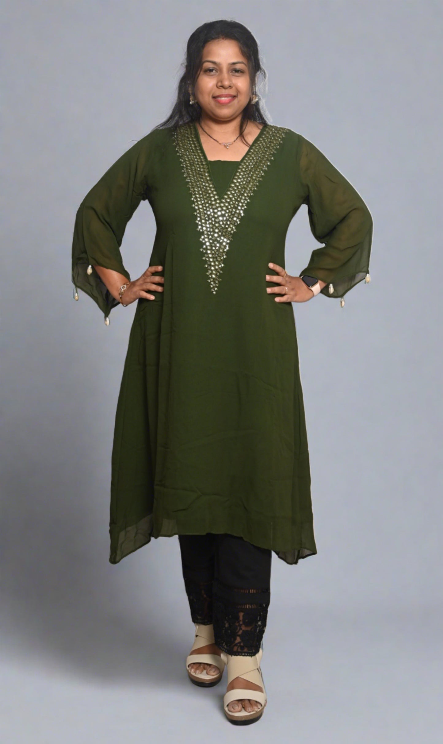 Olive Green Georgette Mirror Work Kurti