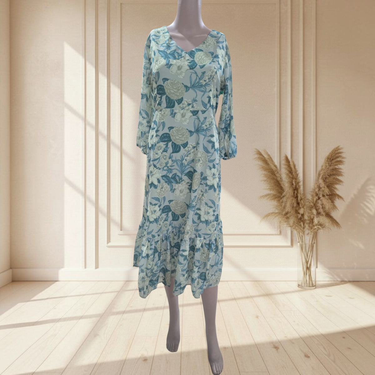 Light Green Floral Georgette A-Line One Piece