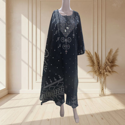 Black mul cotton A-line kurti with Bandhani print, side pockets and tassel tie-up neckline