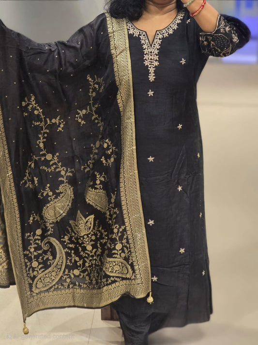 Black Silk Full Suit With Brochade Dupatta