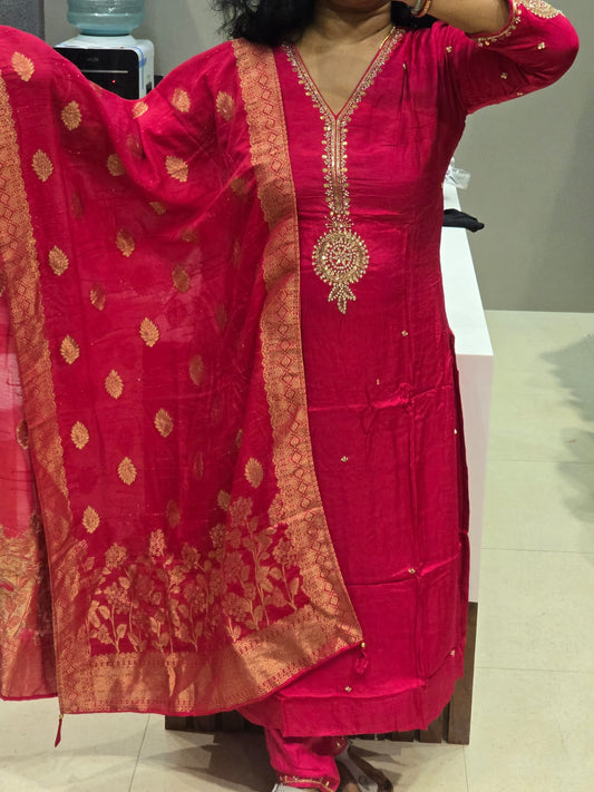 Beautiful Pink/Orange Silk Full Suit With Brocade Dupatta