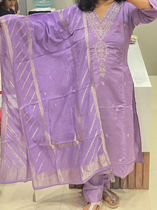 Beautiful Lavender Silk Full Suit With Brocade Dupatta