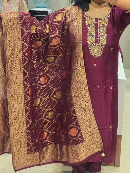 Beautiful Wine Silk Full Suit With Brocade Dupatta