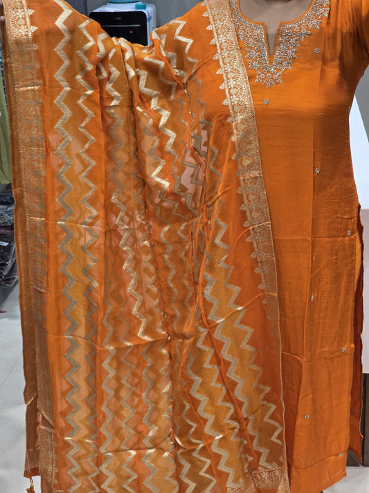 Beautiful Orange Silk Full Suit With Brocade Dupatta