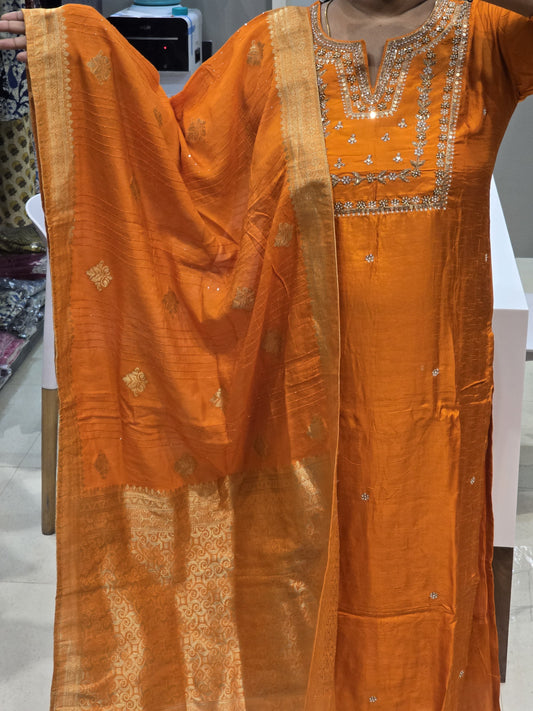 Beautiful Orange/Red Silk Full Suit With Brocade Dupatta