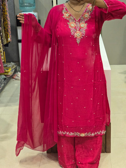 Beautiful Pink Silk Full Suit With Plazo pant