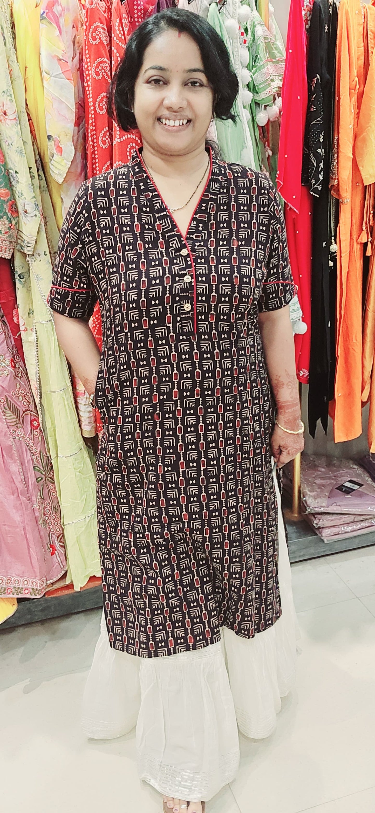 Black Cotton Block Print Straight Kurti