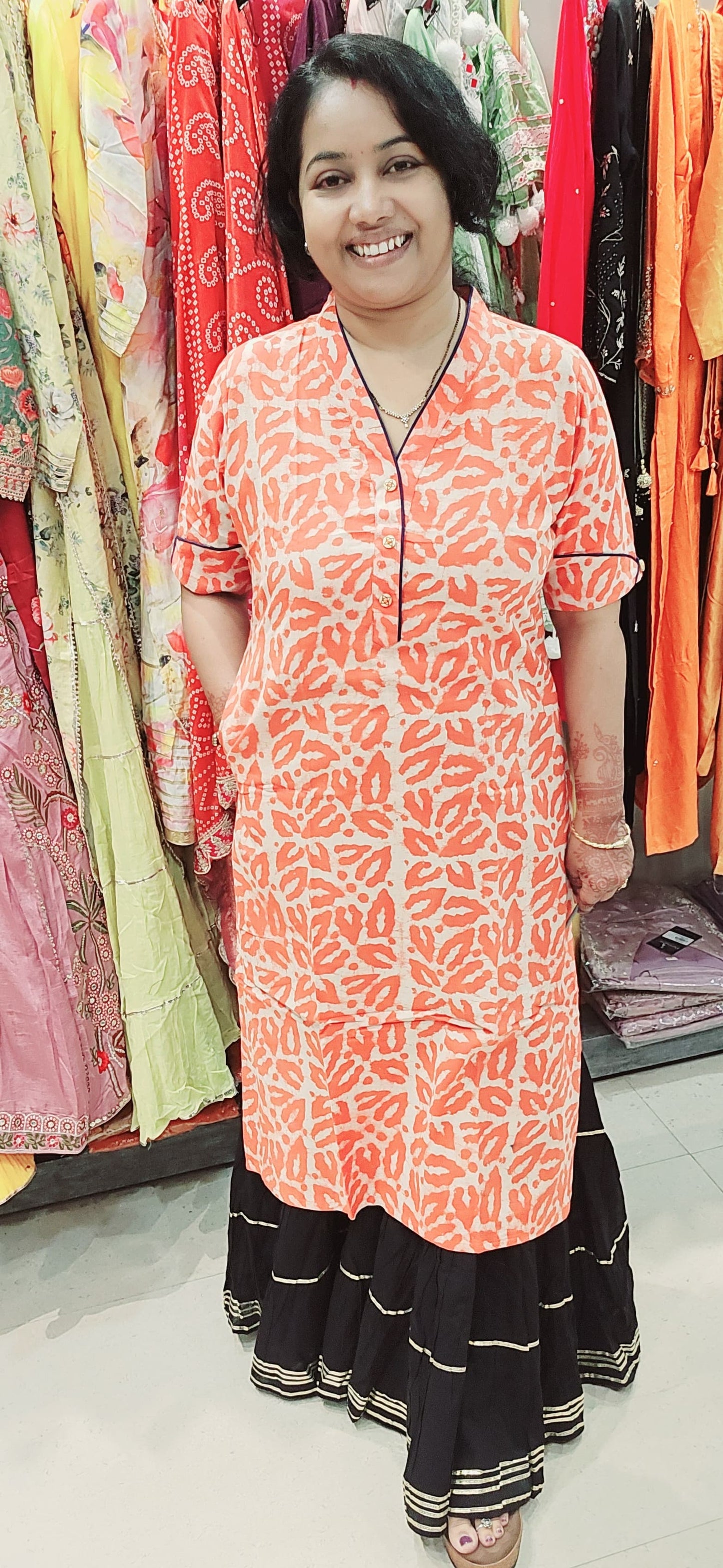 Orange Cotton Block Print Straight Kurti