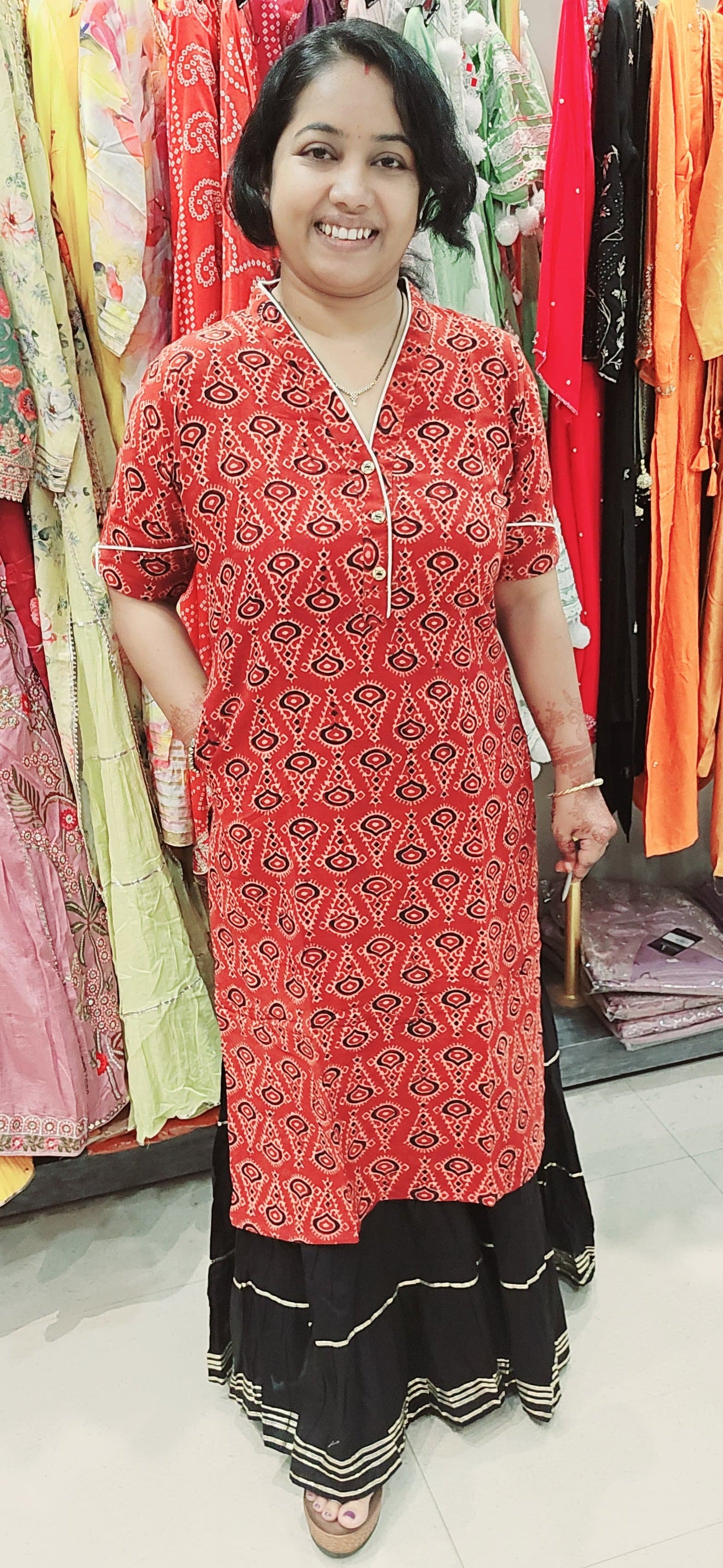 Rust Cotton Block Print Straight Kurti